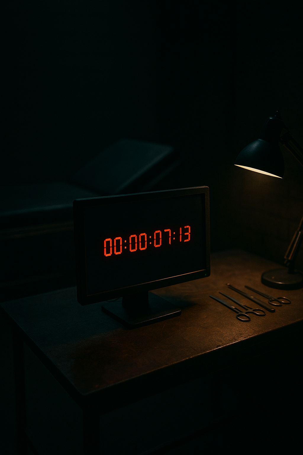 Dark room with computer and red countdown clock